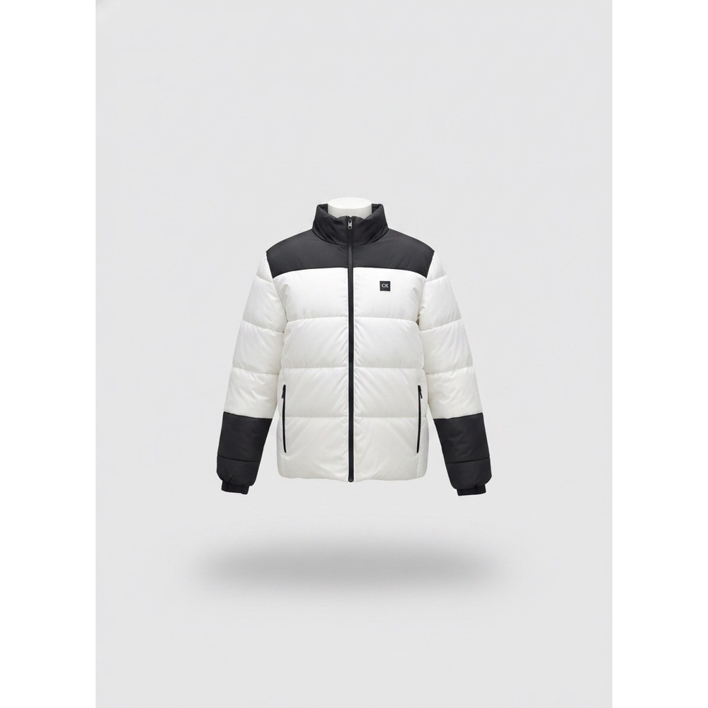 Calvin Klein Womens XXL Puffer Jacket Cream Black Quilted Full Zip Coat 1446